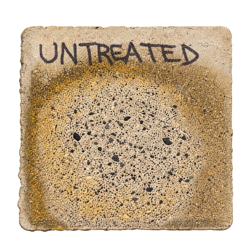 Concrete acid-test sample labeled Untreated, with exposed aggregate and yellow-brown discoloration